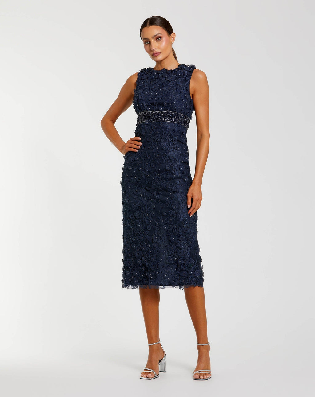 Midnight Floral Applique Sleeveless Midi Dress