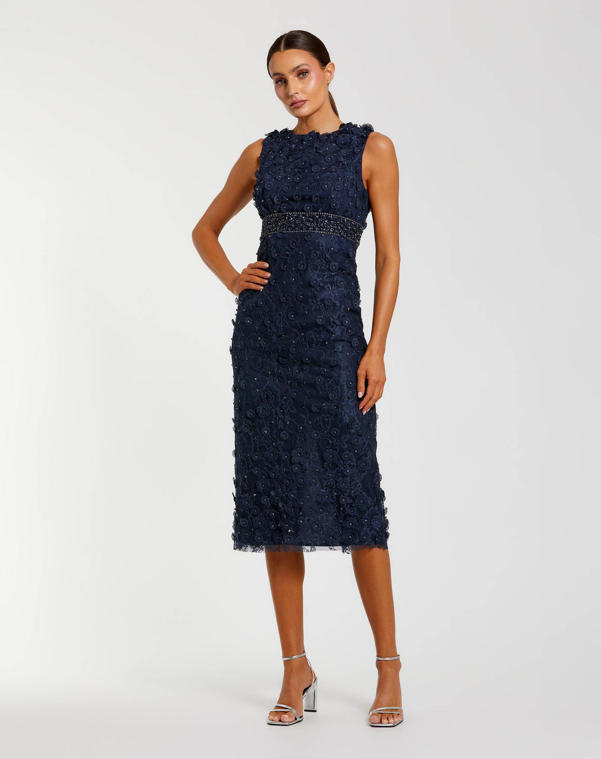 Midnight Floral Applique Sleeveless Midi Dress