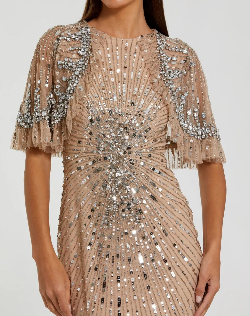 Beige Embellished Mesh Fitted Gown With Capelet