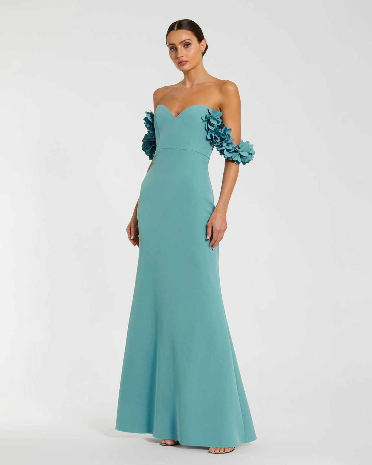 Teal Crepe Off The Shoulder Gown With 3D Flowers