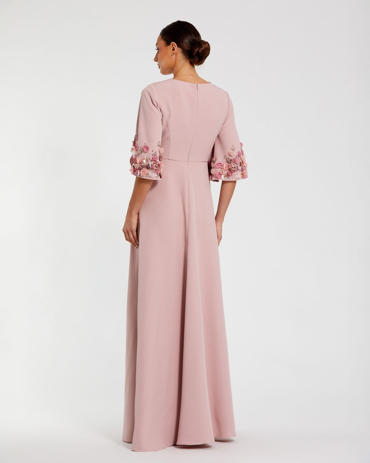 Petite Rose Pink Crepe 3/4 Sleeve A-line Gown With Flower Trim