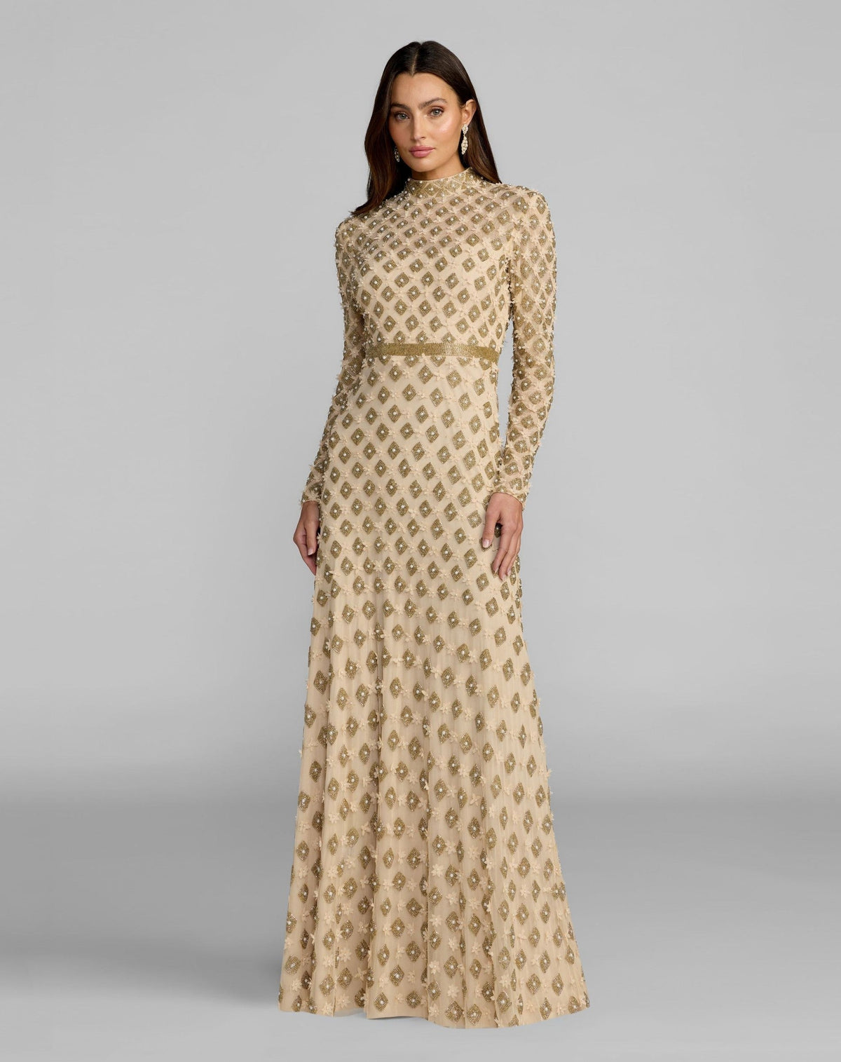 Gold Mock Neck Long Sleeve Embellished A-Line Gown