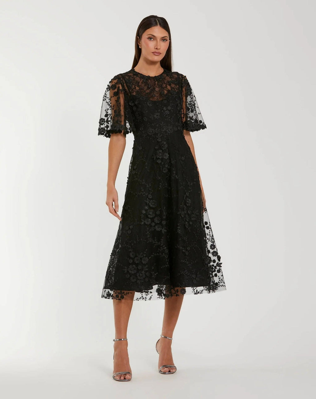 Women's Flutter Sleeve Embroidered Midi Dress