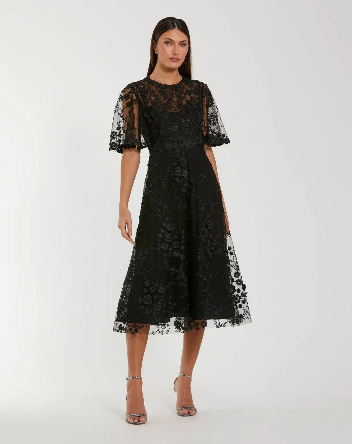 Women's Flutter Sleeve Embroidered Midi Dress