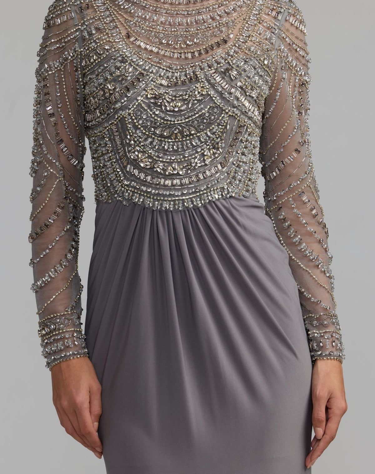 Platinum Beaded Jersey Mock Neck Long Sleeve Gown