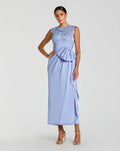 Powder Blue Beaded Satin Midi Dress with Bow
