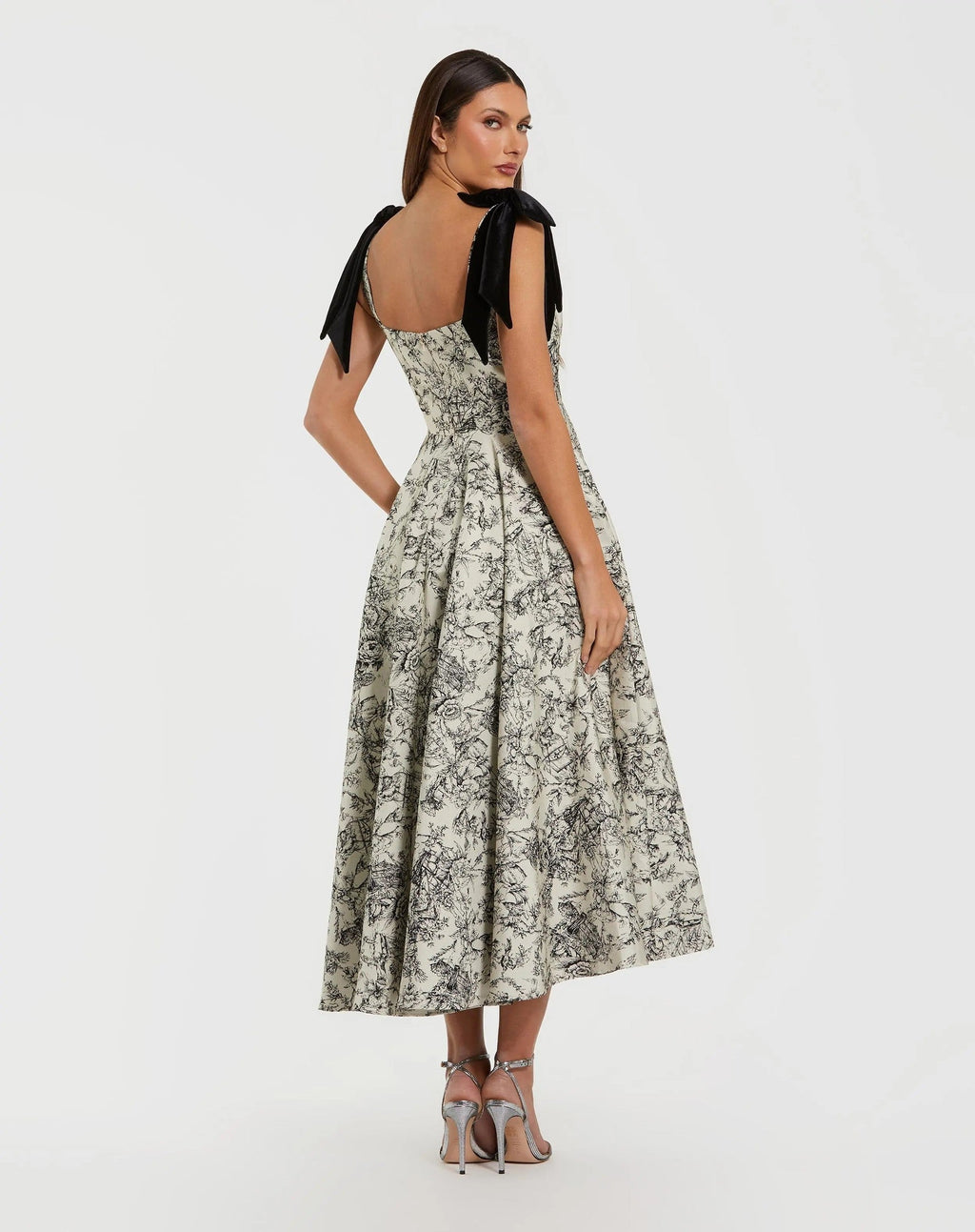 Black Ivory Printed A Line Midi Dress With Bow Straps