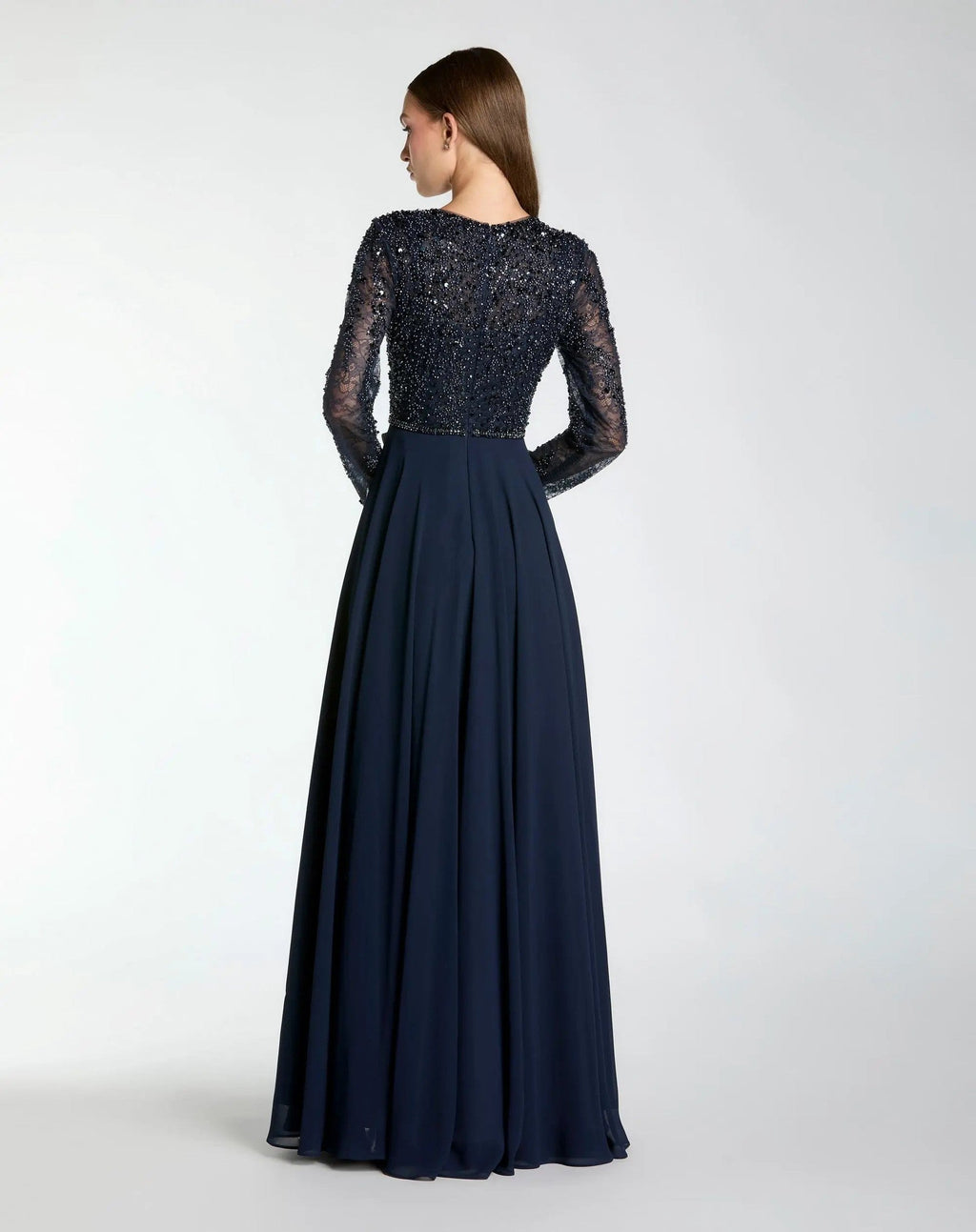 Navy Embellished Lace Long Sleeve Gown With Chiffon Skirt