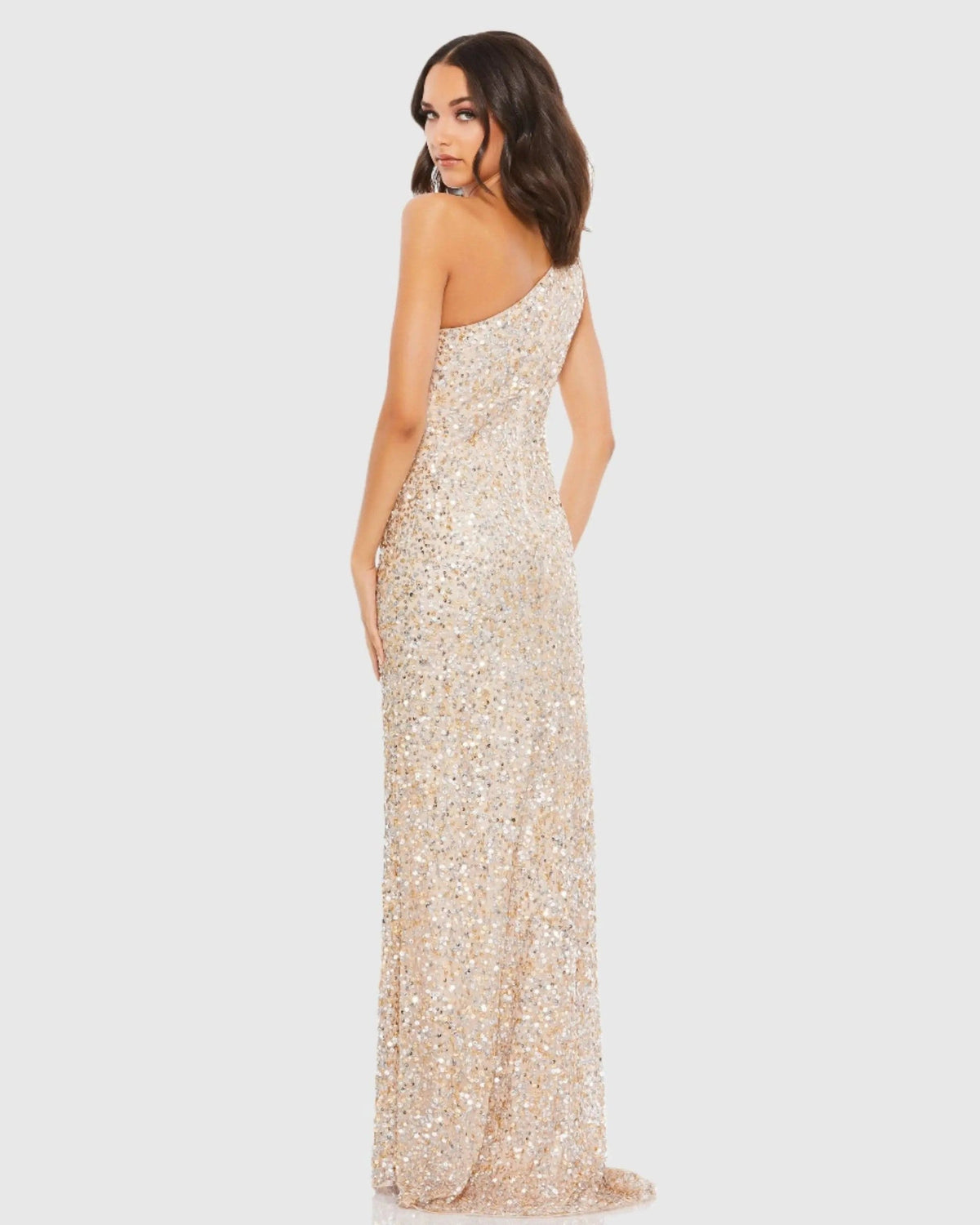 Beige Sequin One Shoulder Gown With Slit