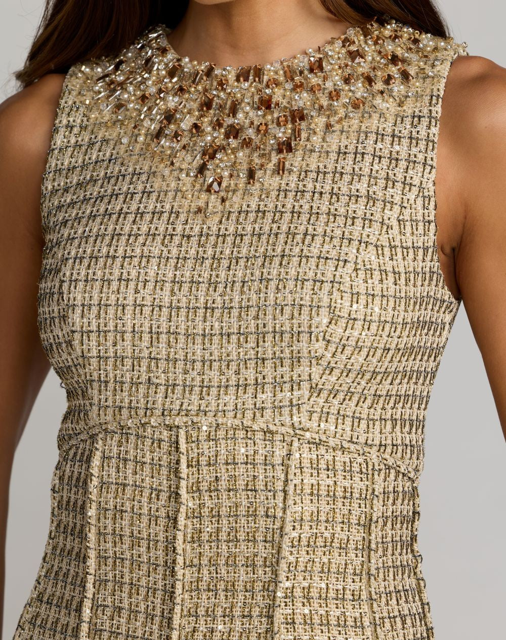 Nude Gold Embellished Boucle Sleeveless A-Line Dress