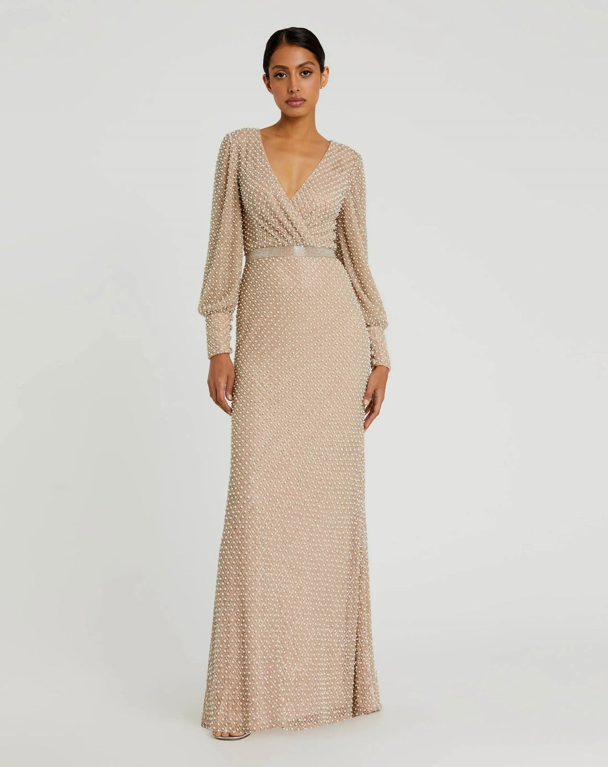 Beige Wrap Over Bishop Sleeve Gown With Pearl Beading