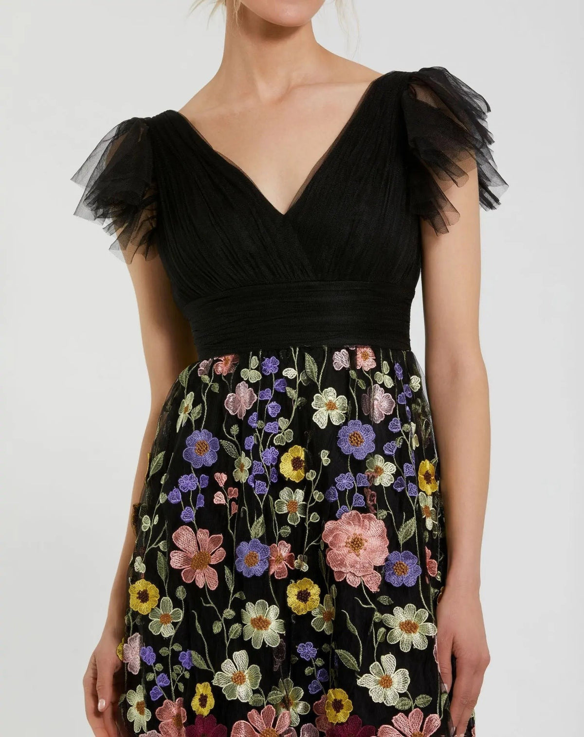 Black Multicolor Embroidered Flutter Sleeve Floral Dress
