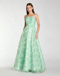 Green Strapless Floral Chiffon Gown with Ruched Detail