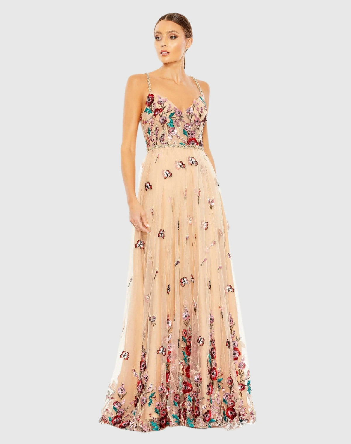 Nude Multi Embellished Floral Detail A Line Gown