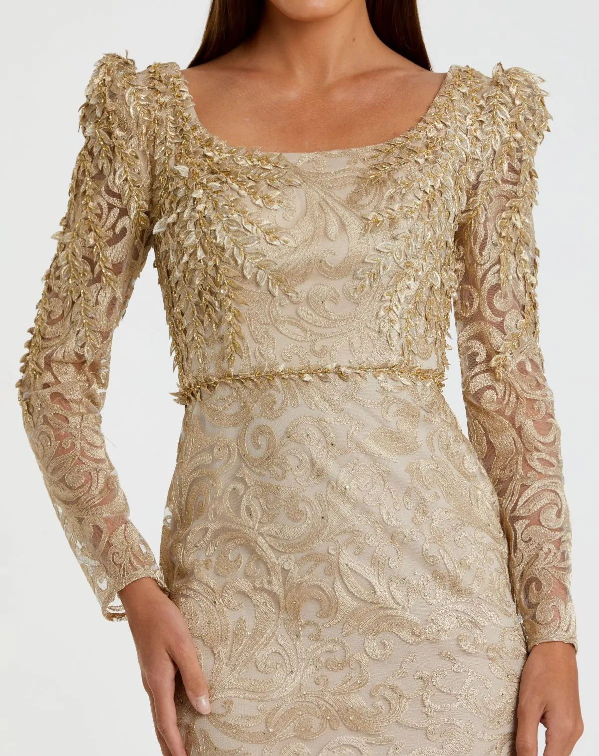 Gold Long Sleeve Embroidered Applique Trumpet Gown - FINAL SALE
