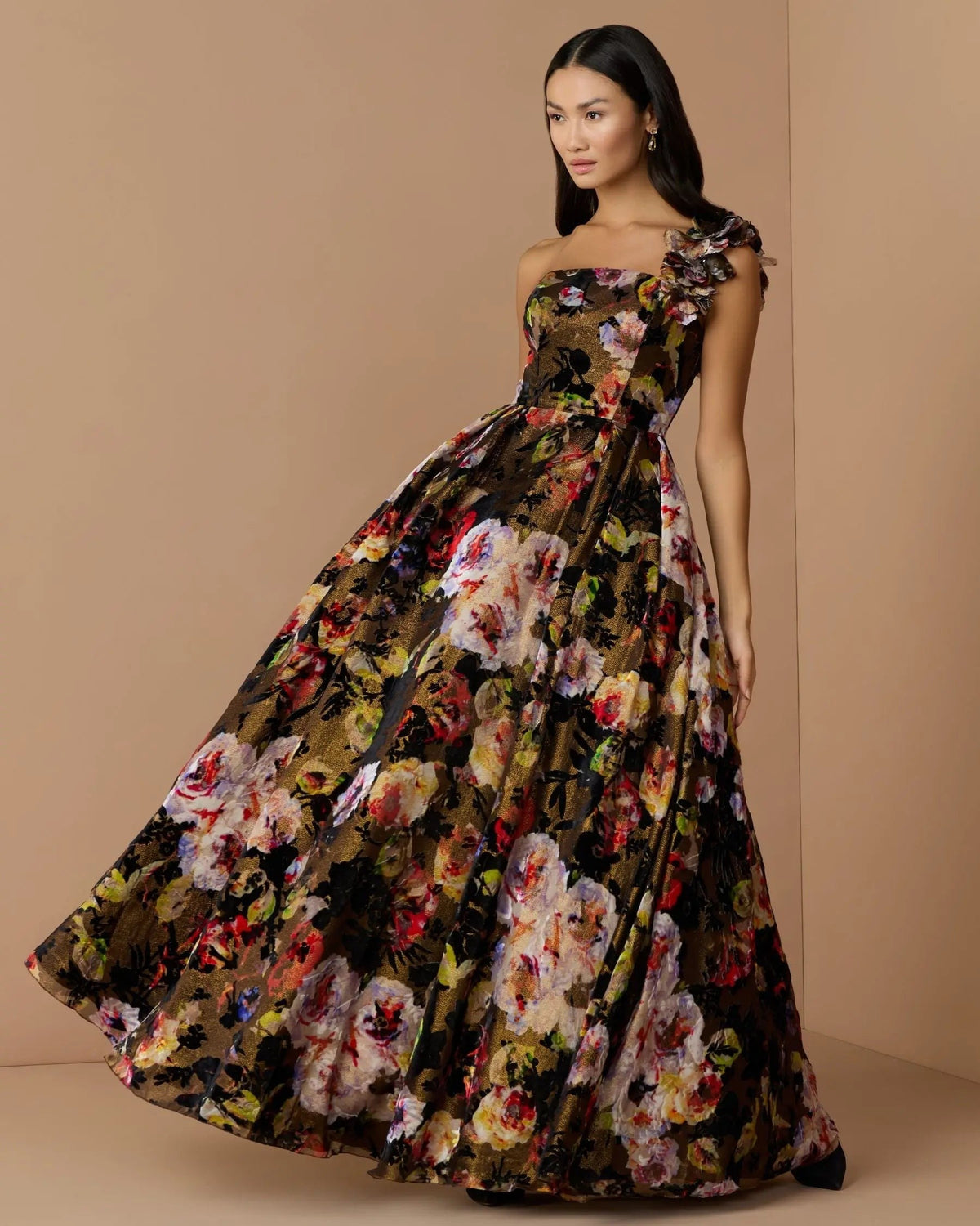 Black Multi Floral Velvet Ball Gown With Pockets