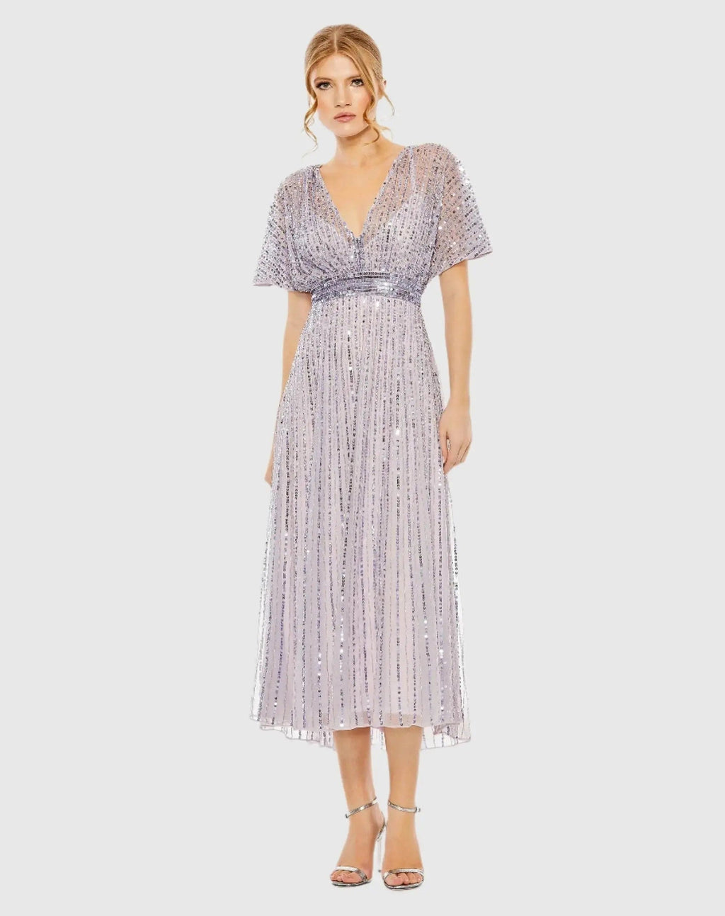 Purple Embellished Short Sleeve Empire Waist Dress