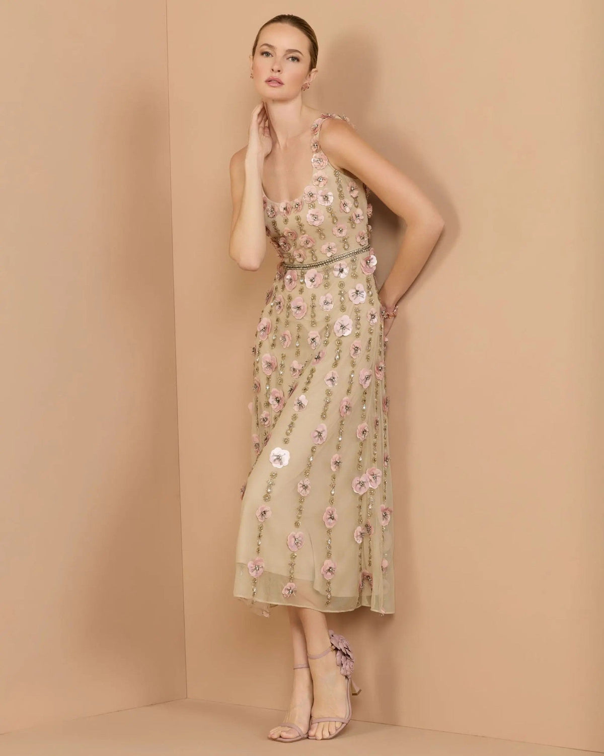 Nude Rose Sleeveless Scoop Neck Embellished Midi Dress