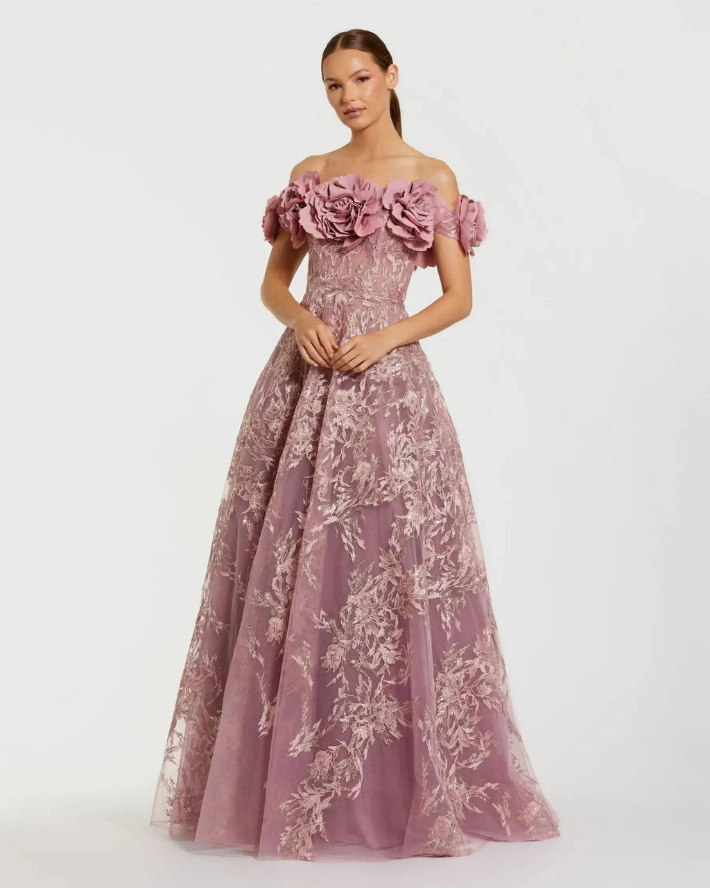 Mauve Off The Shoulder 3D Floral Embroidered A-Line Gown