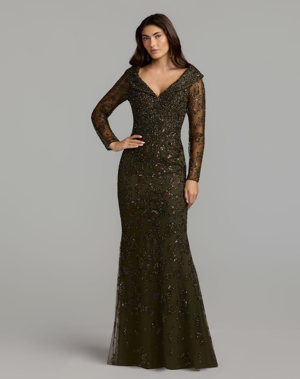 Green Portrait Collar Long Sleeve Embellished Gown