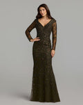 Green Portrait Collar Long Sleeve Embellished Gown