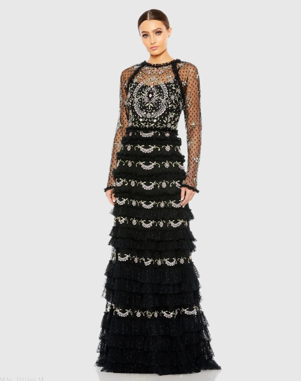 Mesh Polka Dot Long Sleeve Floral Ruffle Tired Gown