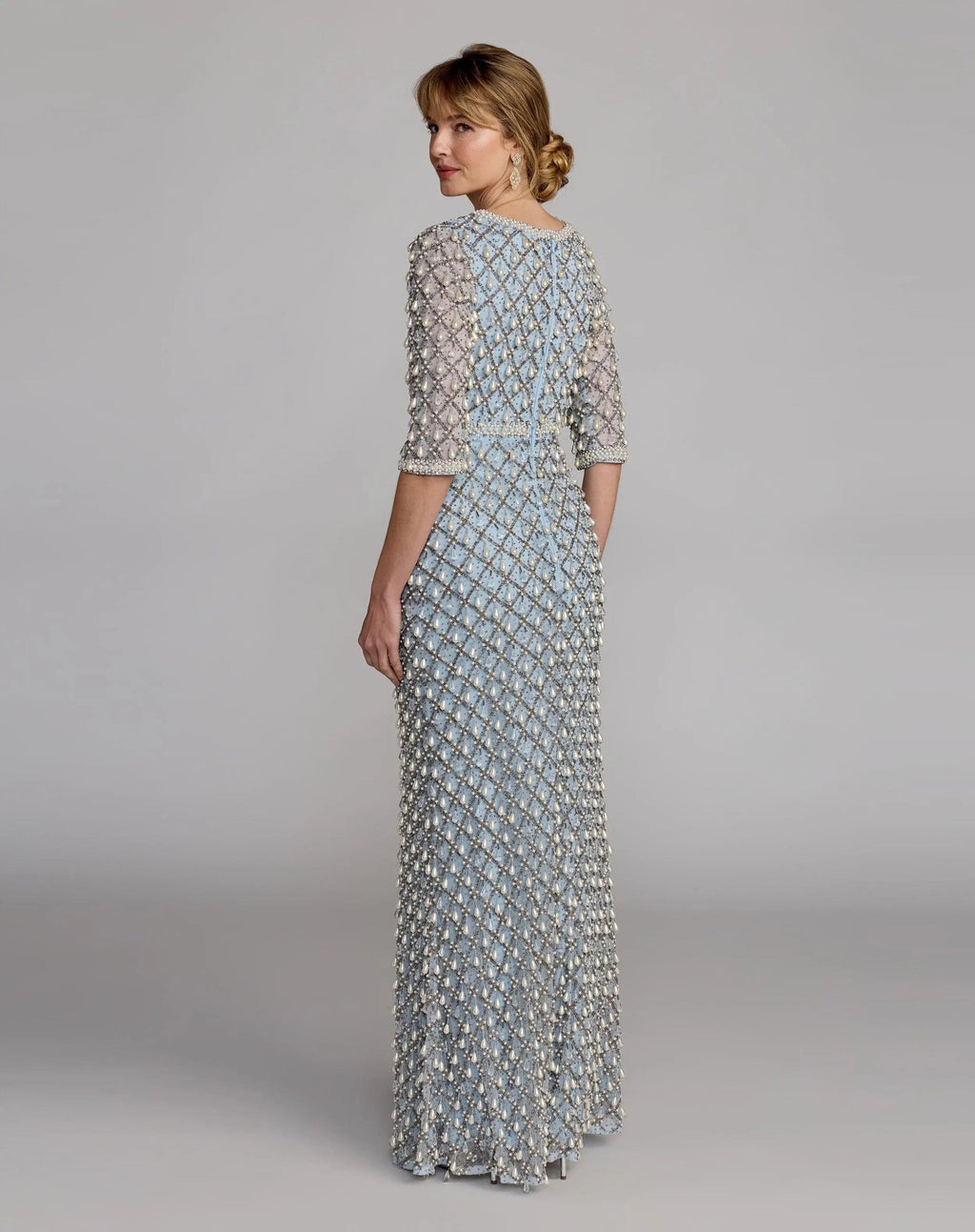 Vintage Blue Pearl Embellished 3/4 Sleeve Gown