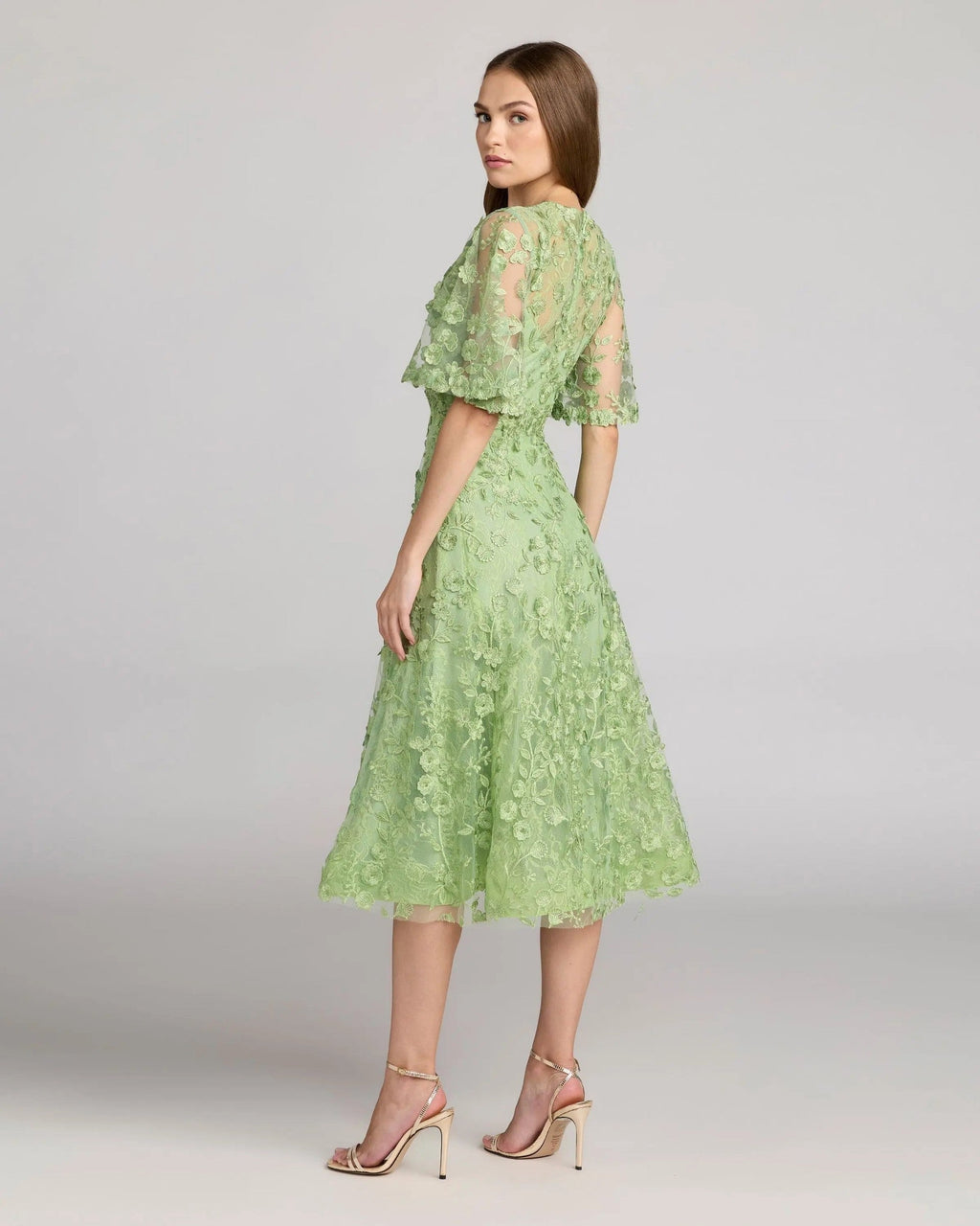 Sage Flutter Sleeve Embroidered Midi Dress
