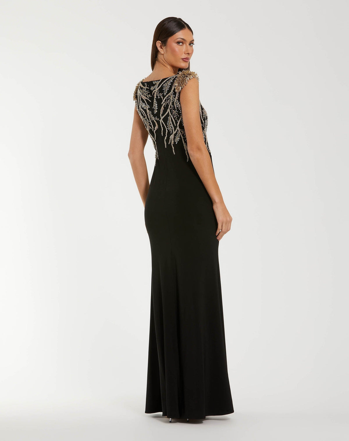 Black Hand Beaded Cap Sleeve Jersey Gown