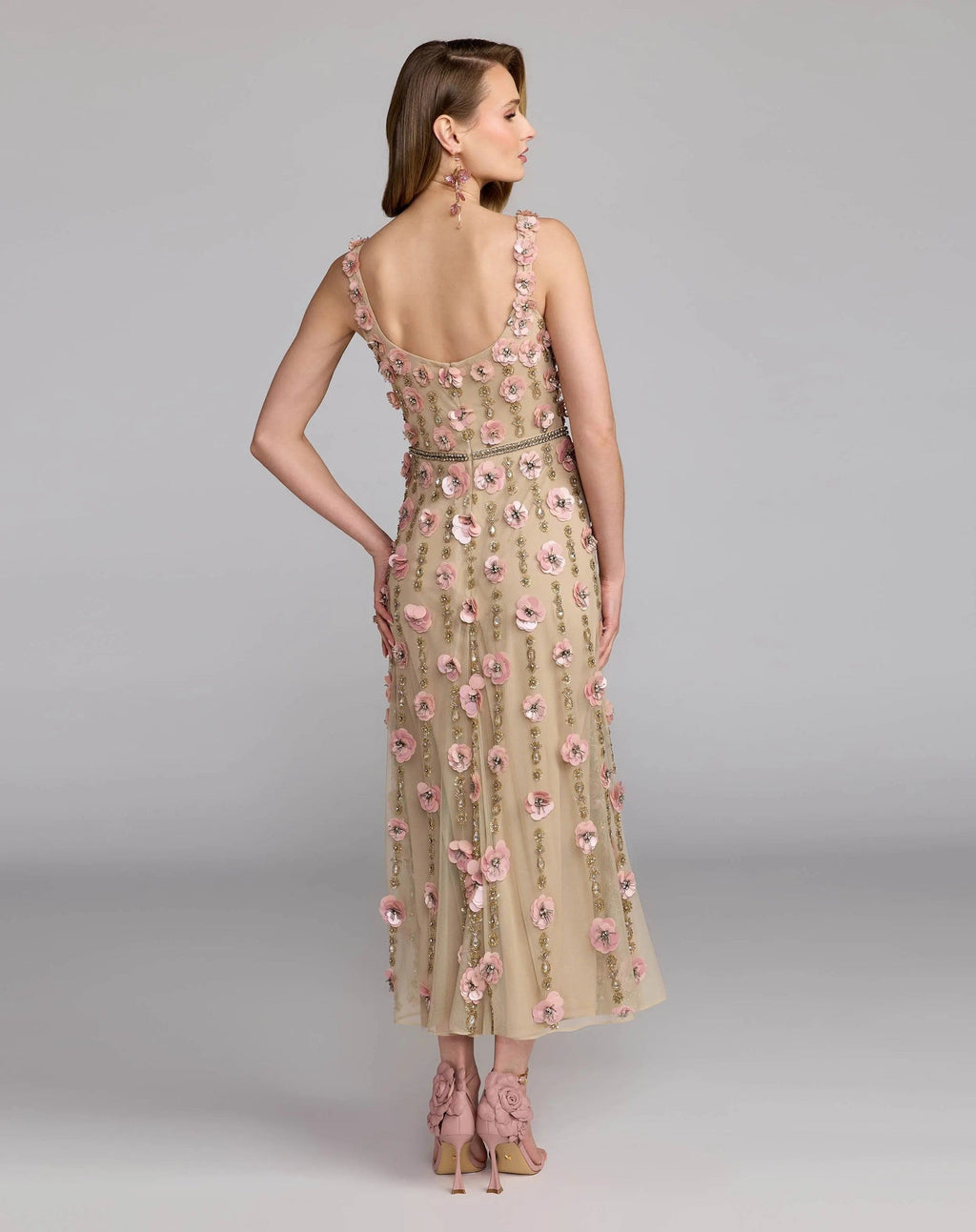 Nude Rose Sleeveless Scoop Neck Embellished Midi Dress