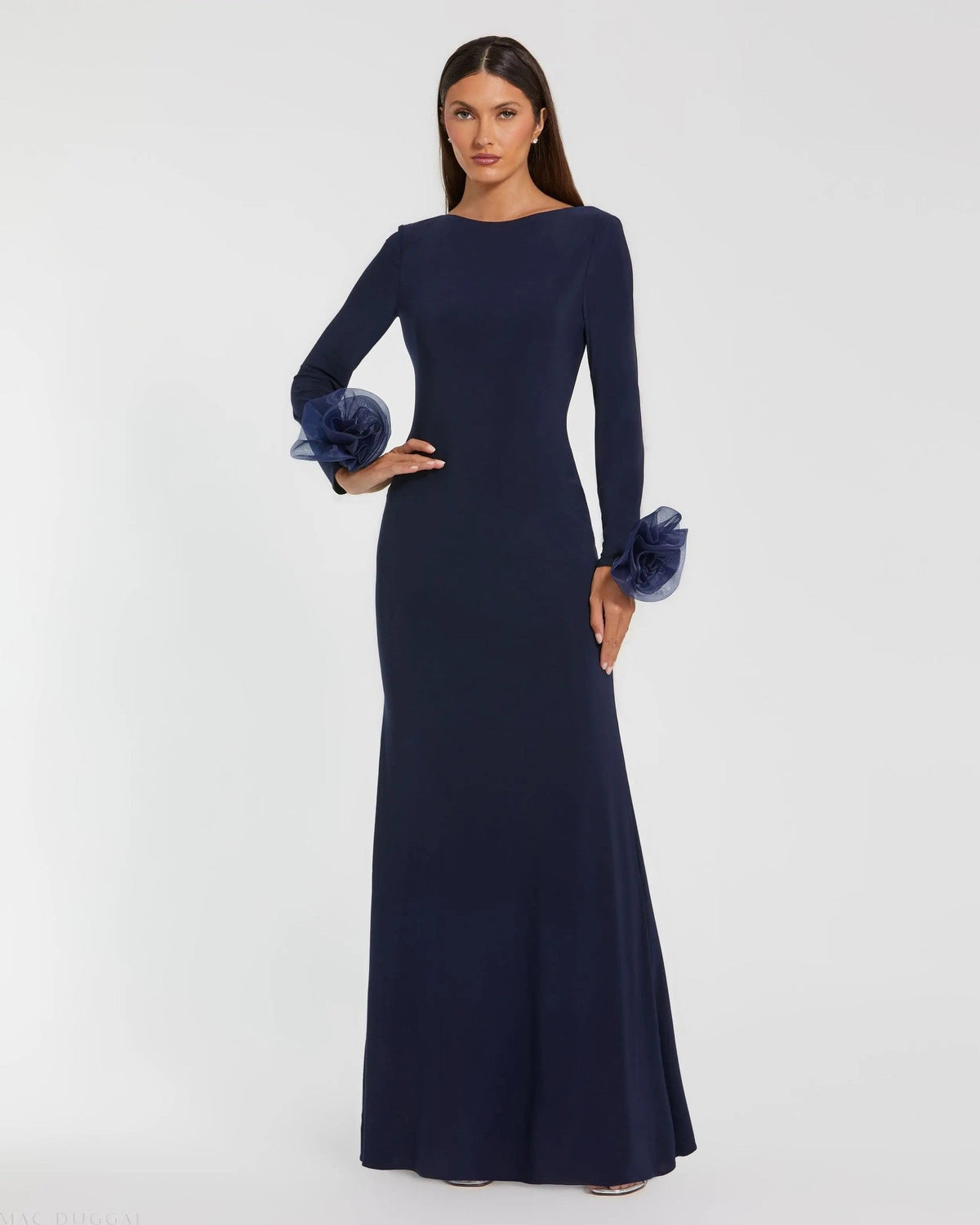 Long Sleeve Fitted Jersey Gown With 3D Flowers