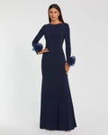 Navy Long Sleeve Fitted Jersey Gown With 3D Flowers