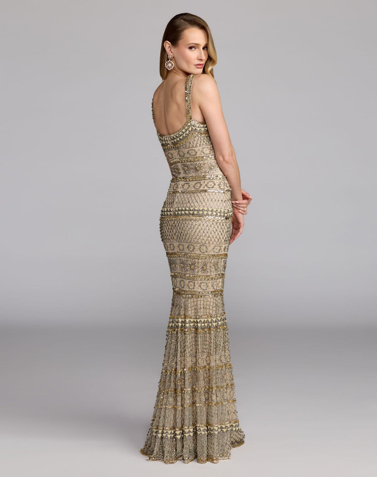 Nude Gold Sleeveless Square Neck Beaded Gown