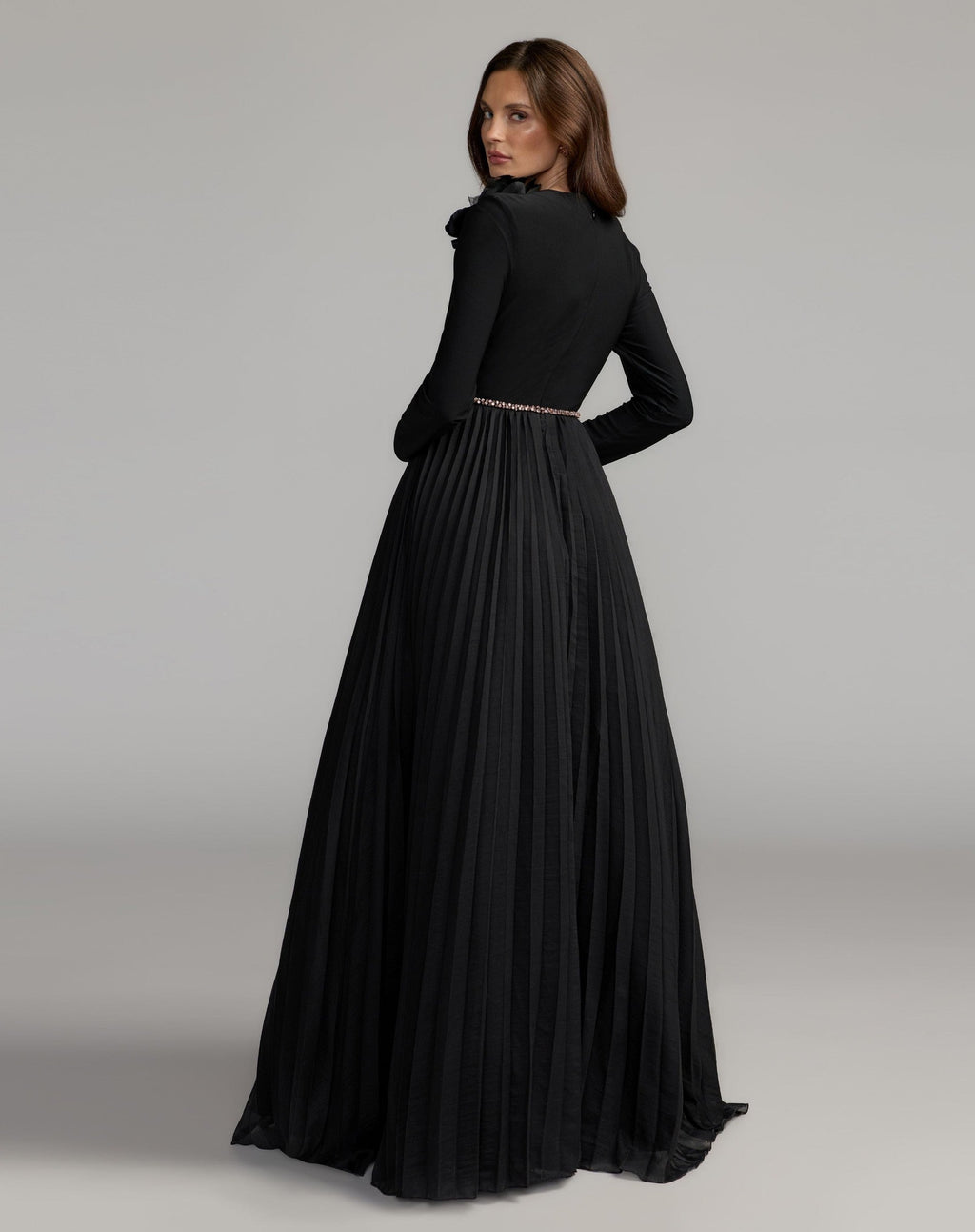 Black Pleated Organza Gown With 3D Flower