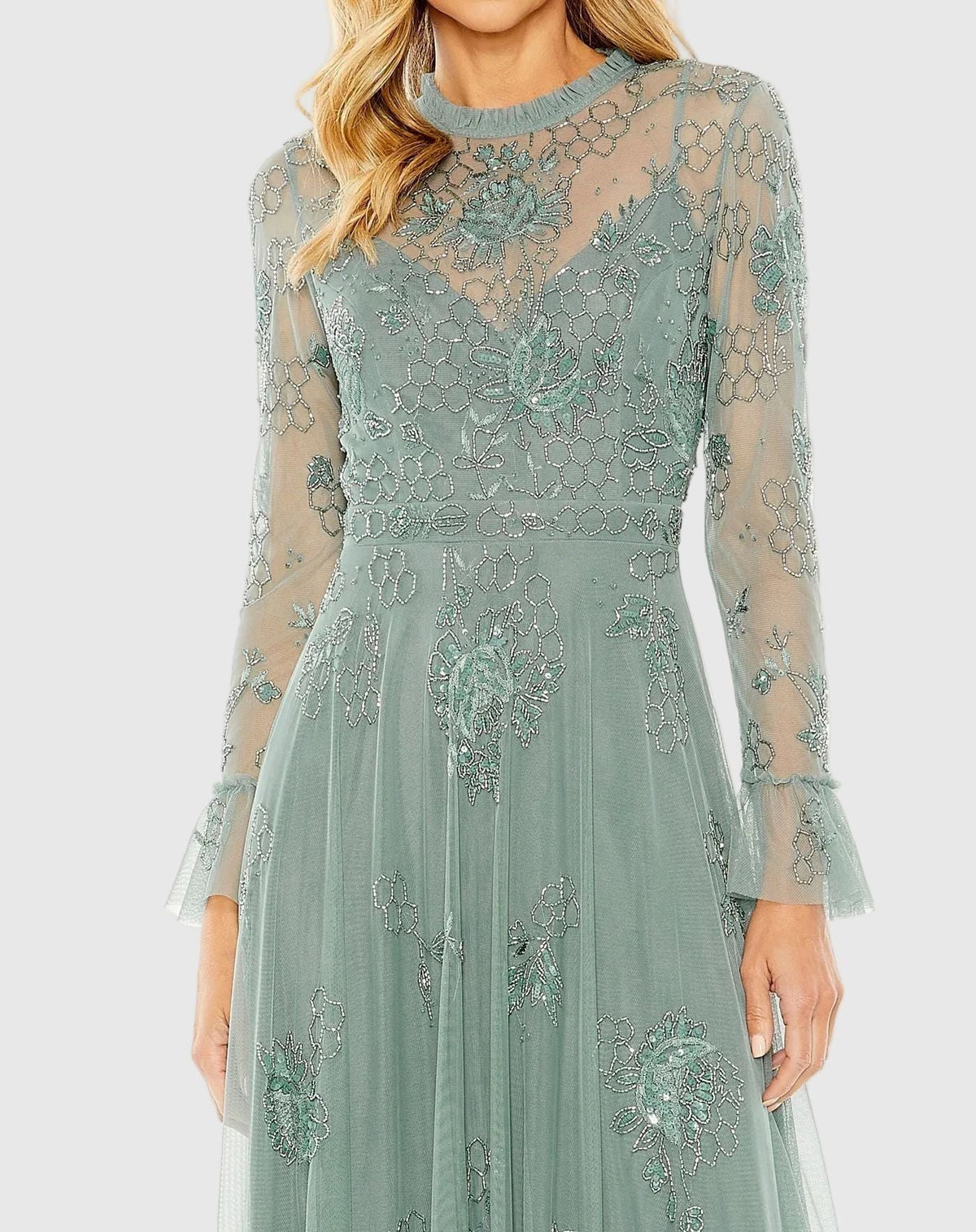 Petite Green Embellished Long Sleeve Ruffle Gown