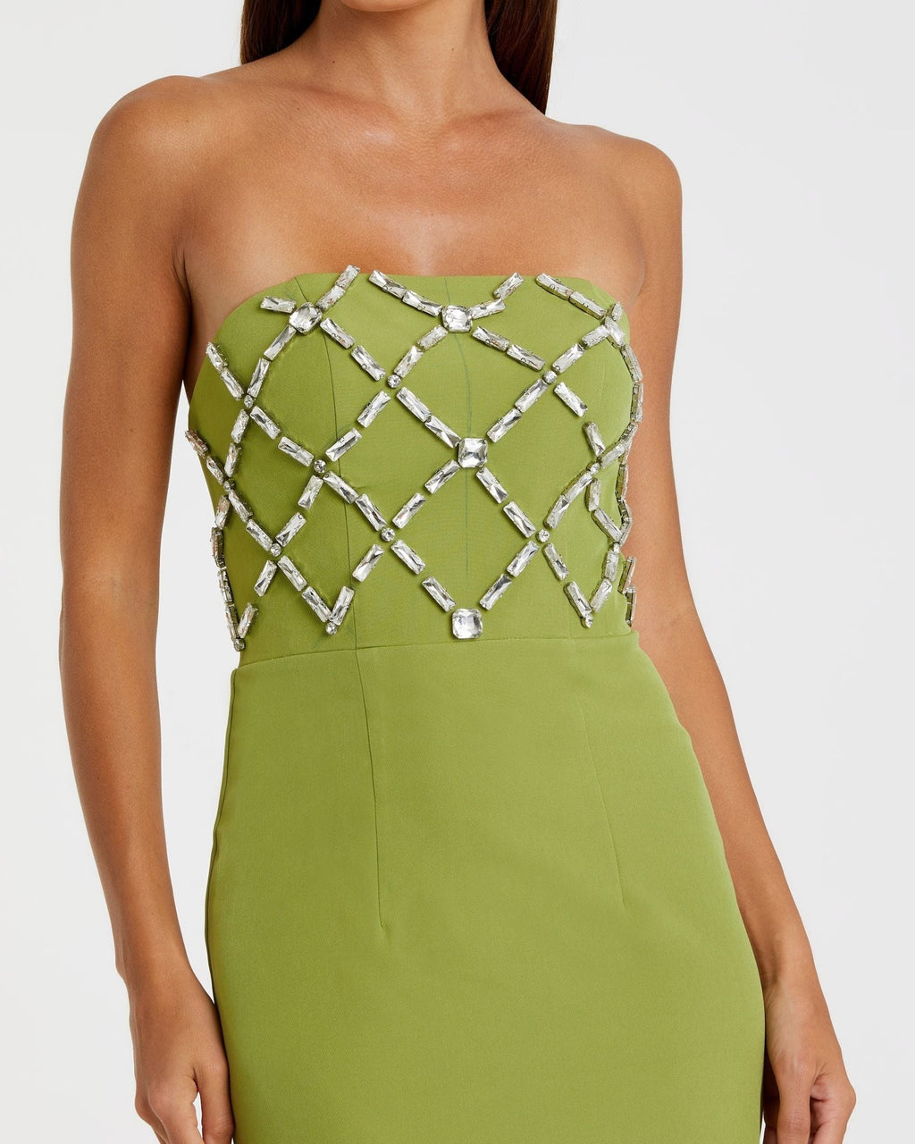 Apple Green Strapless Crystal Embellished Midi Dress