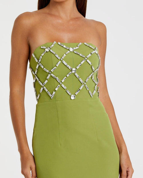 Apple Green Strapless Crystal Embellished Midi Dress