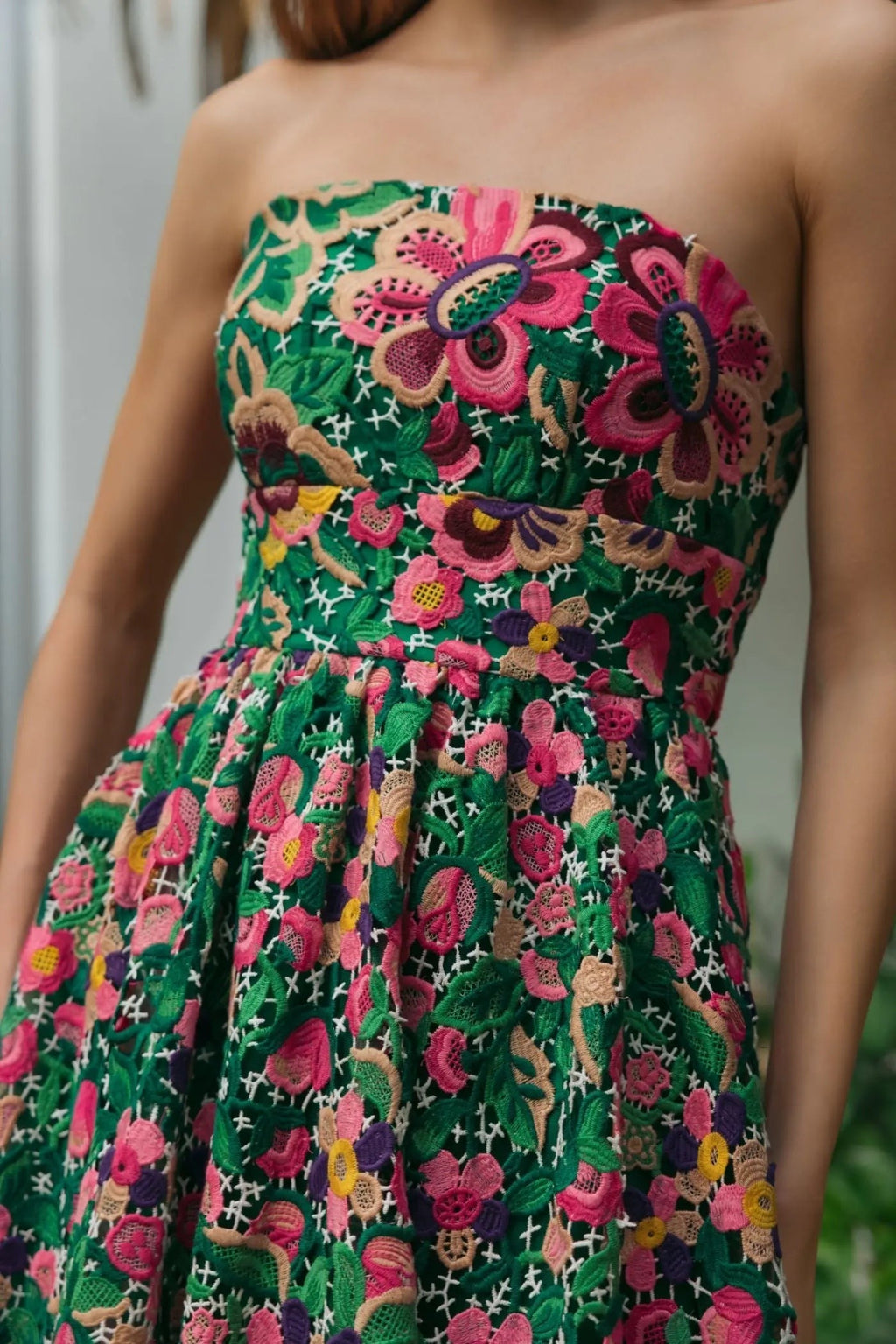 Green Strapless Floral Embroidered Midi Dress