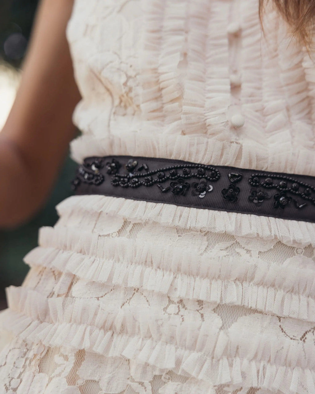 Porcelain Lace Tiered Midi Dress with Bow Straps