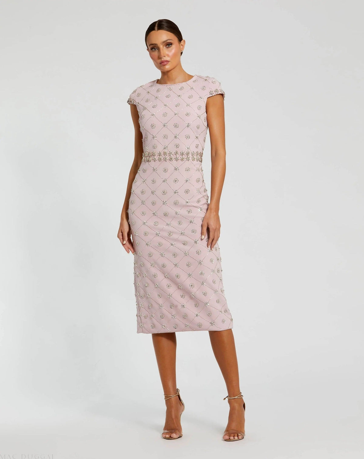 Pink Hand Embellished High Neck Midi Dress