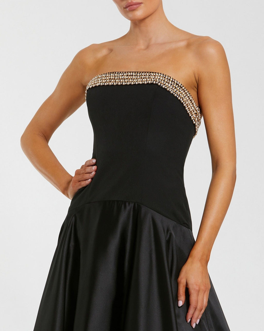 Black Strapless Crepe Bodice Gown With Satin Skirt