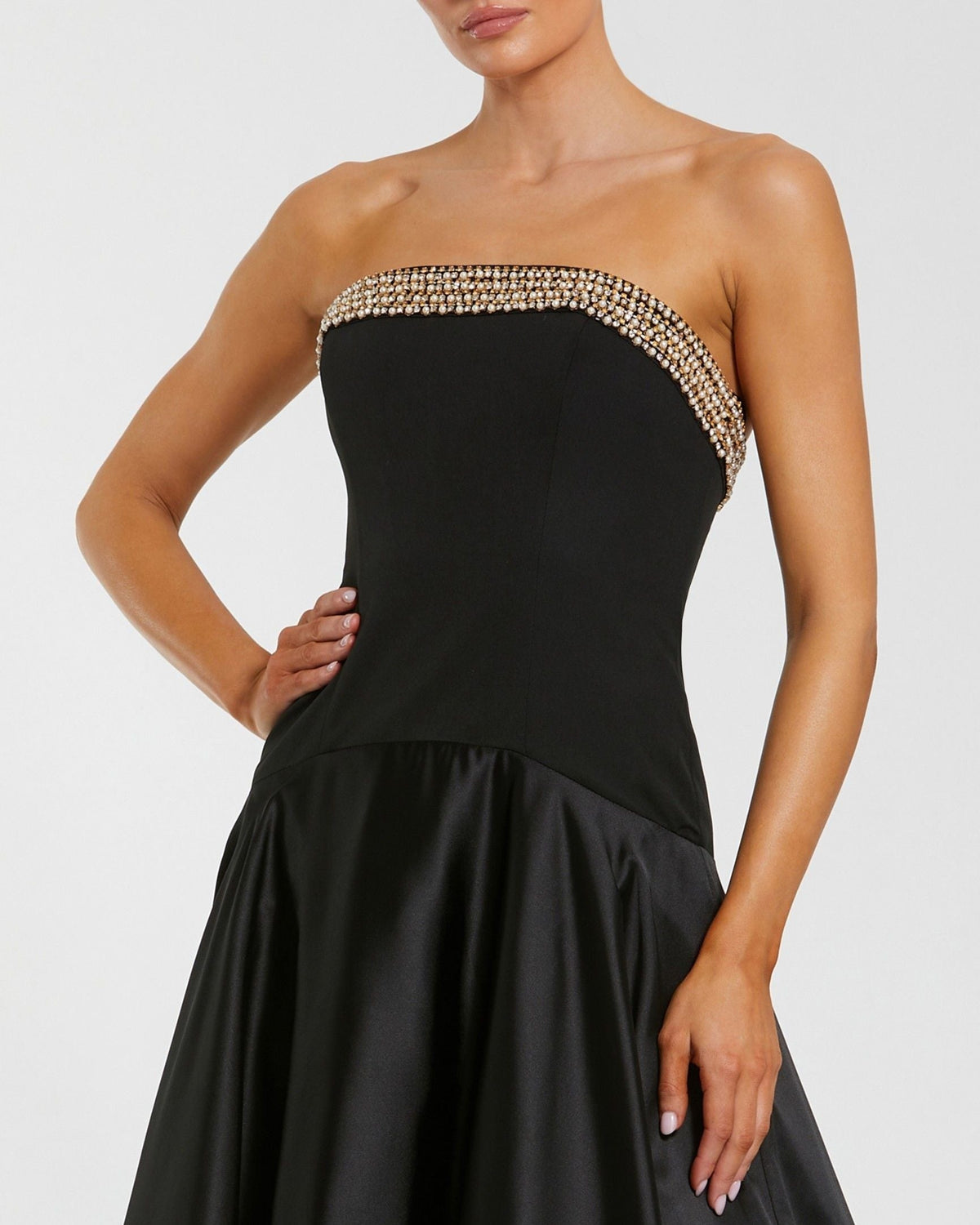 Black Strapless Crepe Bodice Gown With Satin Skirt
