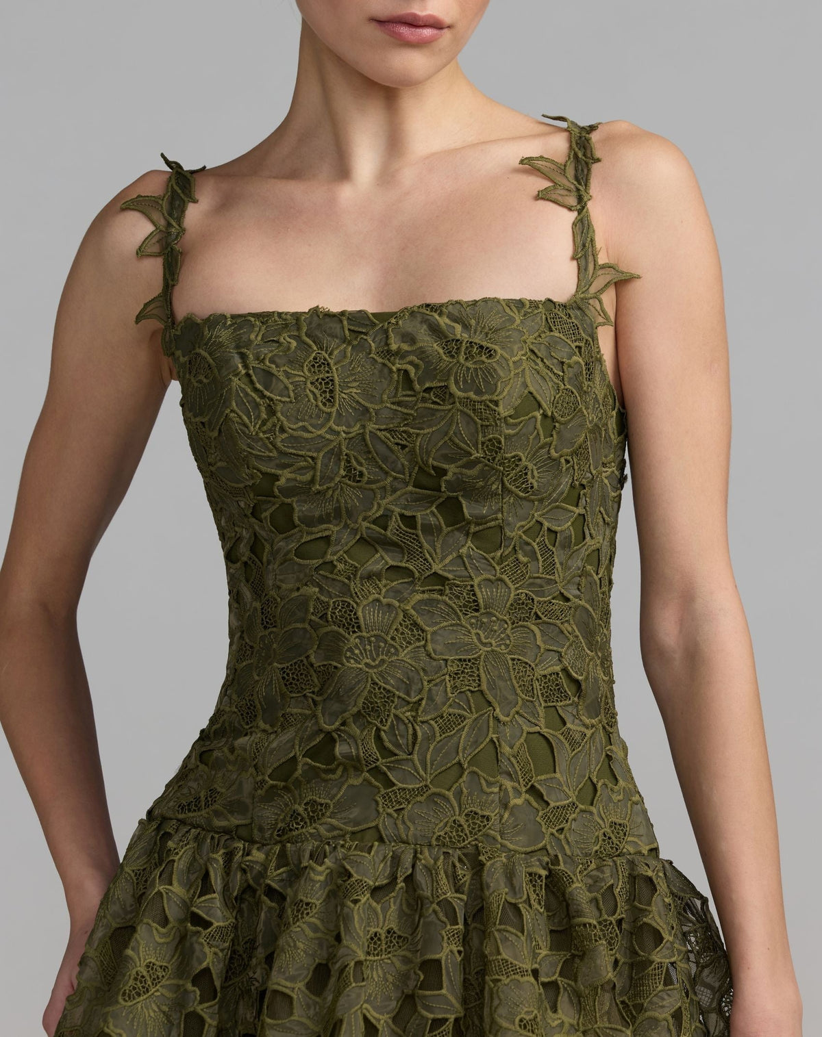 Olive Sleeveless Embroidered Lace Tiered Midi Dress