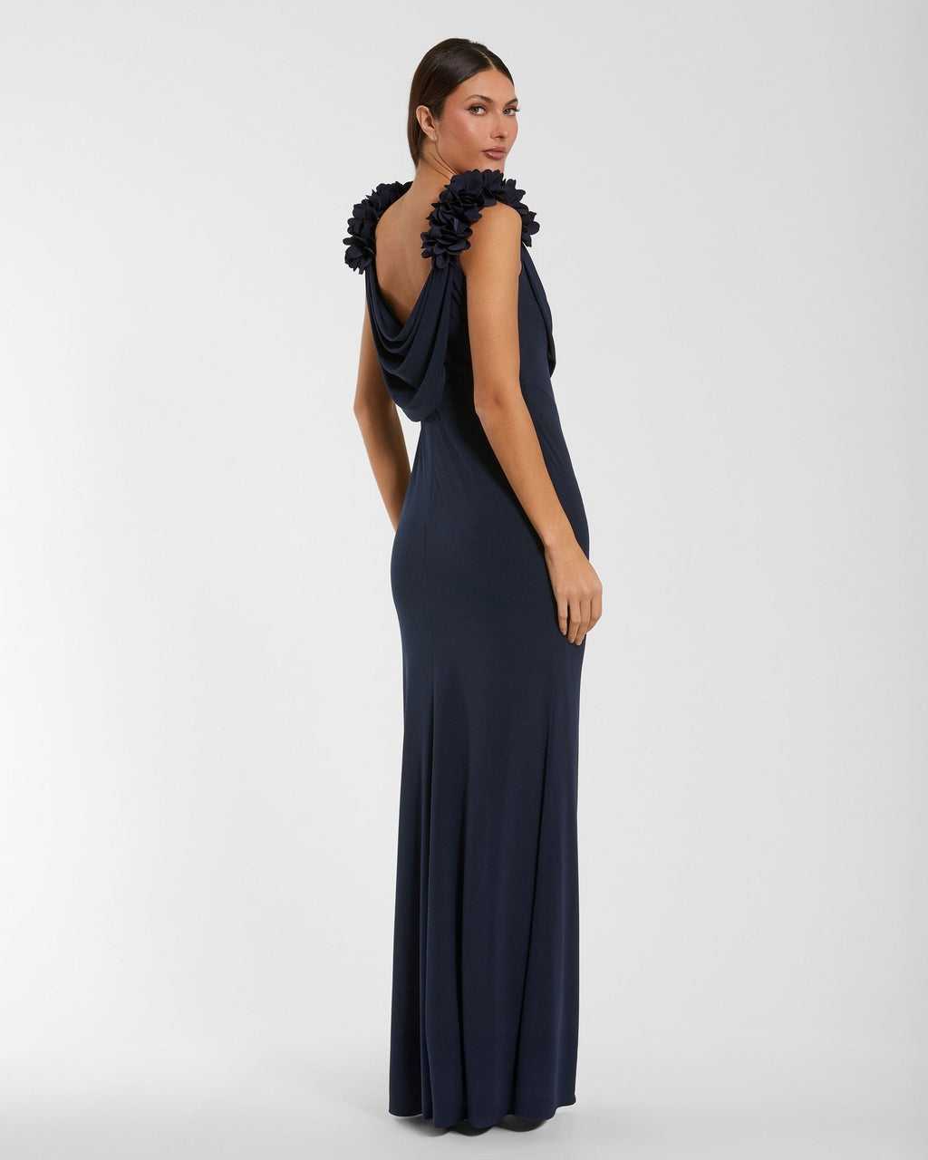 Petite Midnight Cowl Neck Jersey Gown With 3D Flower Straps