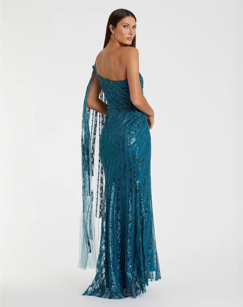 Ocean Blue One Shoulder Cape Sleeve Embellished Gown