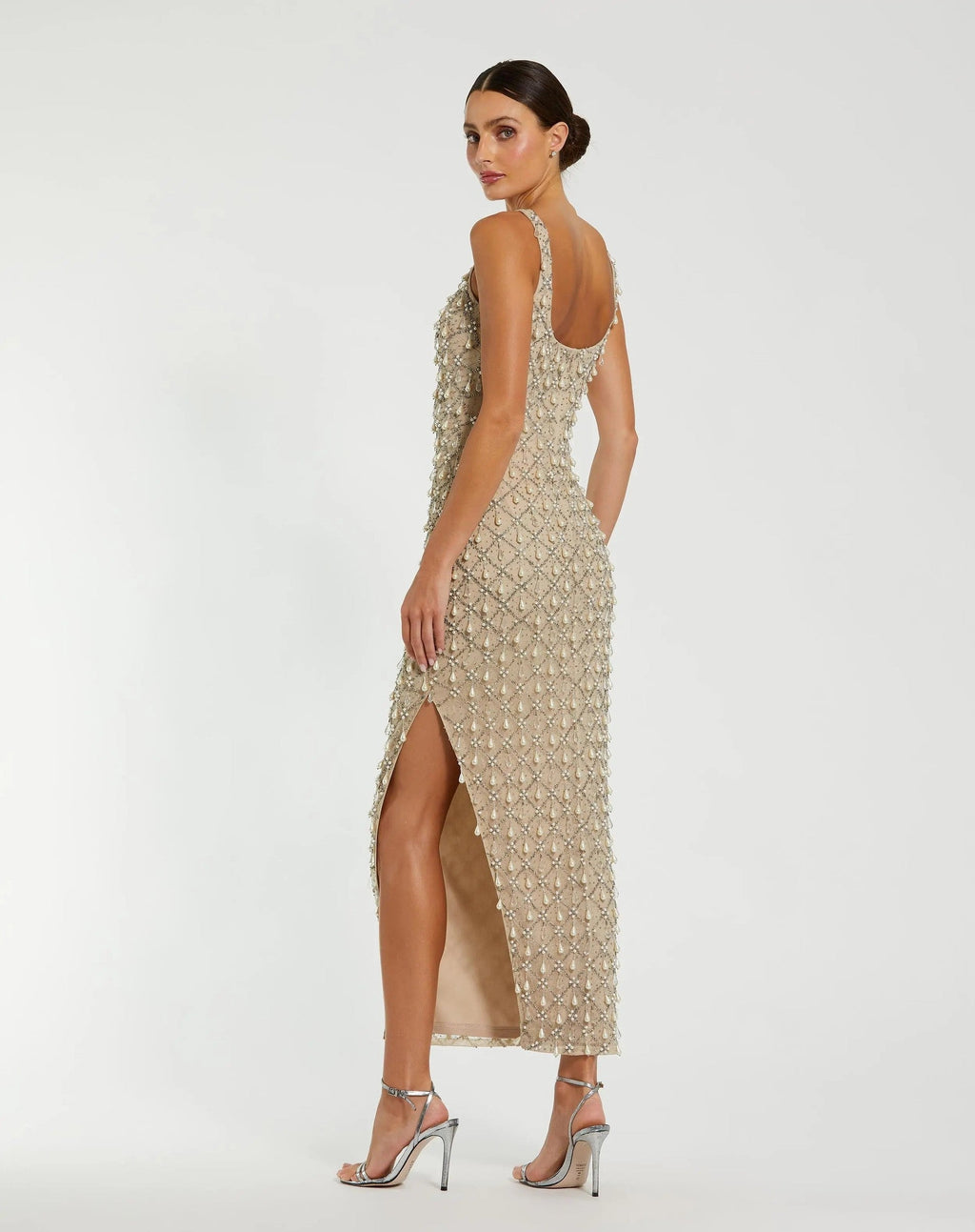 Nude Silver Pearl Embellished Scoop Neck Midi Dress