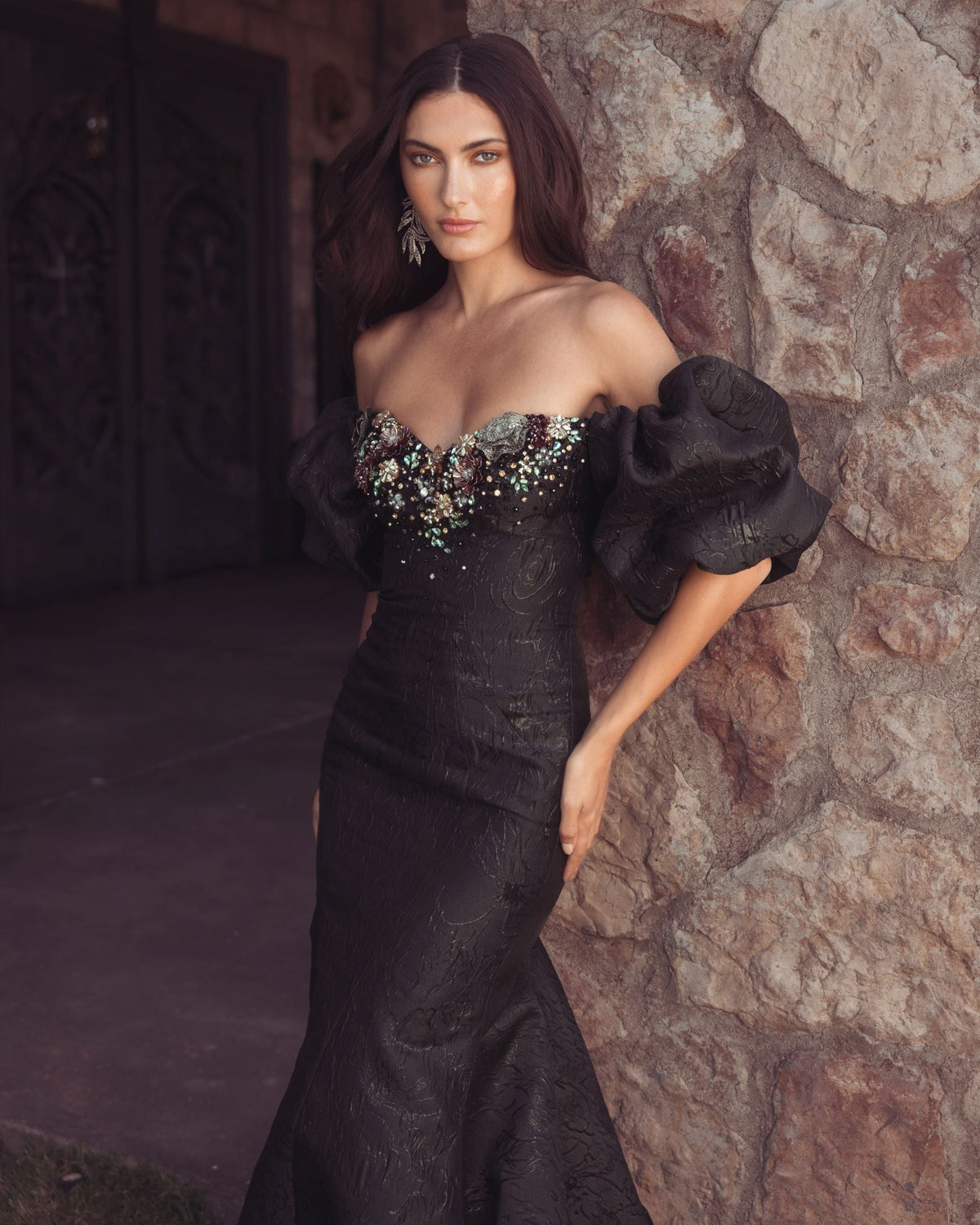 Black Multi Embellished Brocade Off The Shoulder Mermaid Gown