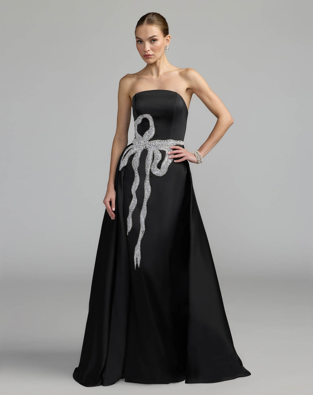 Black White Strapless Embellished Satin Gown with Overskirt