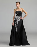 Black White Strapless Embellished Satin Gown with Overskirt