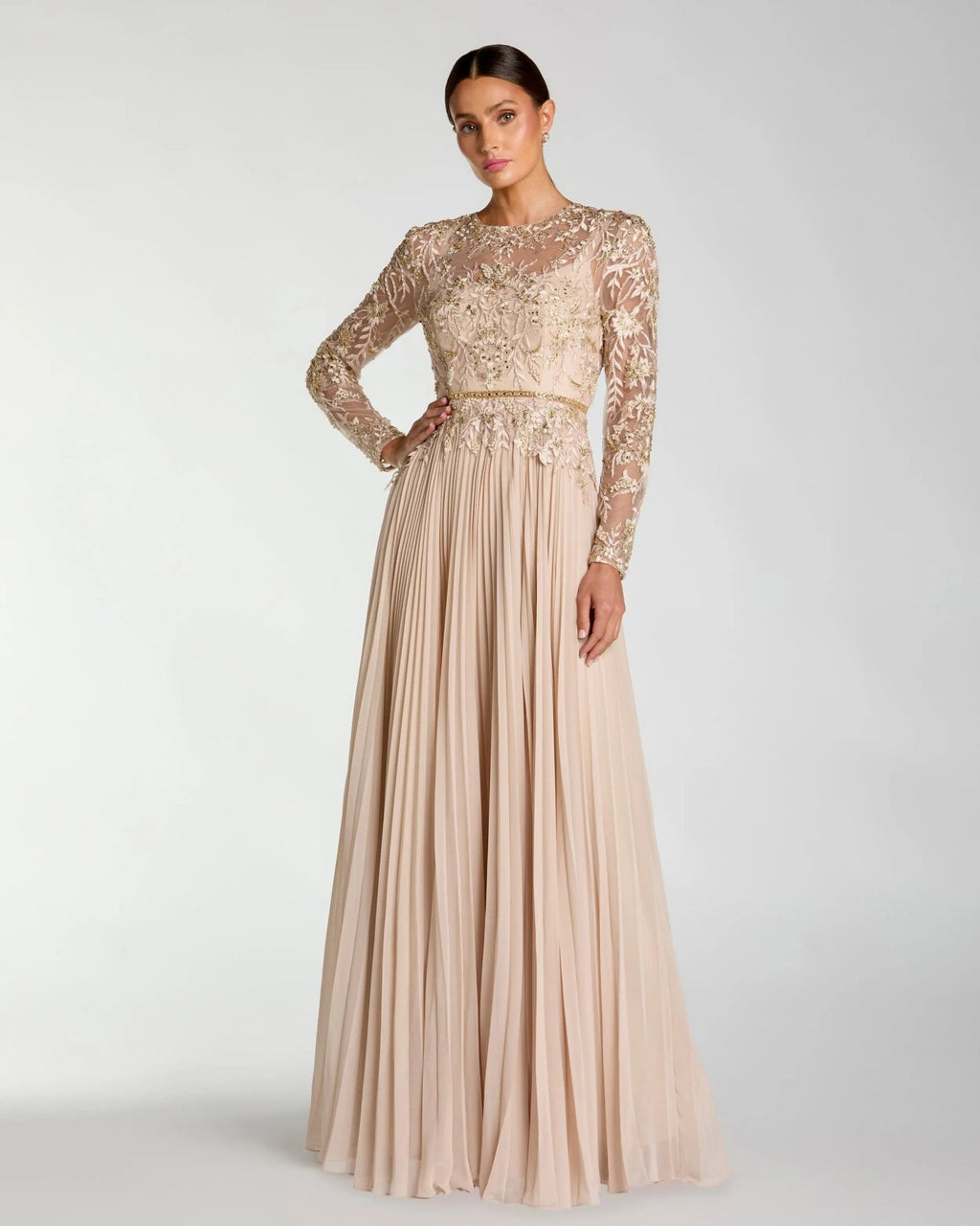Taupe Long Sleeve Chiffon Embellished Gown